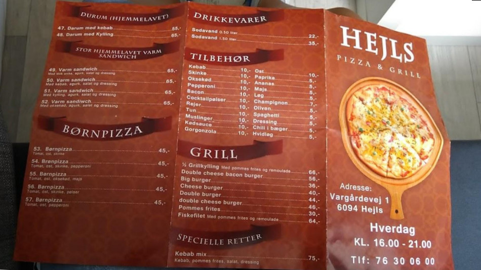 Hejls Pizza Menu