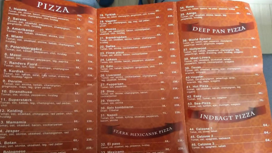 Hejls Pizza Menu