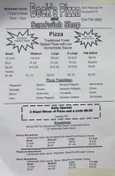 Beck's Pizza And Sandwich Shop menu