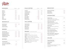 Parks Coffee Roastery Cafe menu