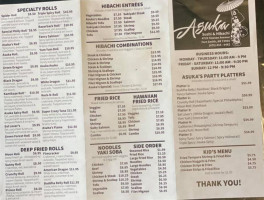 Asuka Sushi Hibachi menu