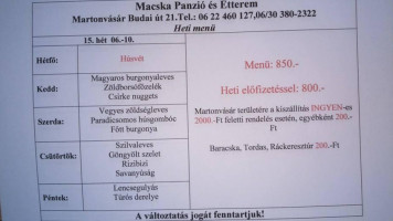 Macska Panzió Étterem menu