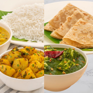 Homestyle Dal Tadka, Aloo Rice, Palak Paneer With Parathas